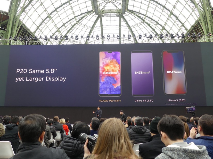 P20は、Galaxy S9やiPhone Xと同じ画面サイズながら面積が大きいとアピール。ノッチの小ささによるものです