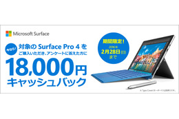 「Surface Pro 4」Core i5モデル購入者に18,000円のキャッシュバックキャンペーン