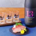 【TAGIRUBA】「鹿児島焼酎3種飲み比べ」イートイン1,100円（焼酎30ml×3杯）、茶ぶりお刺身　イートイン660円（3切）