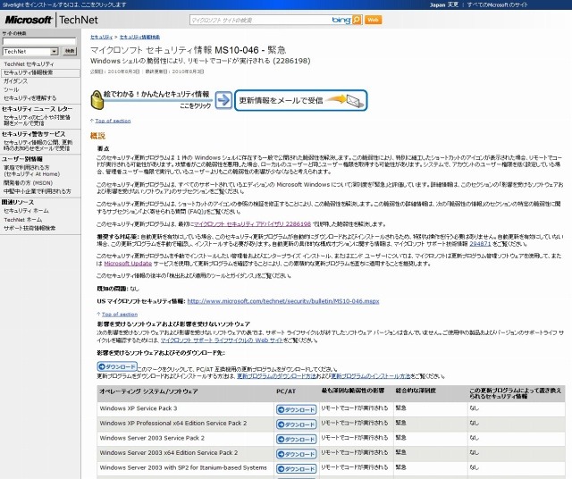 「マイクロソフト セキュリティ情報 MS10-046 - 緊急」画面