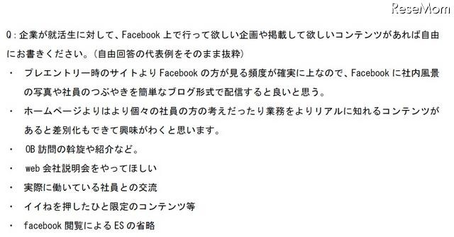 Facebook 上で行って欲しい企画や掲載して欲しいコンテンツ