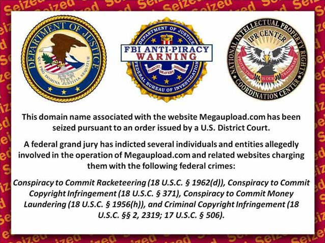 MegauploadのウェブサイトはFBIの警告文に置き換わっている。