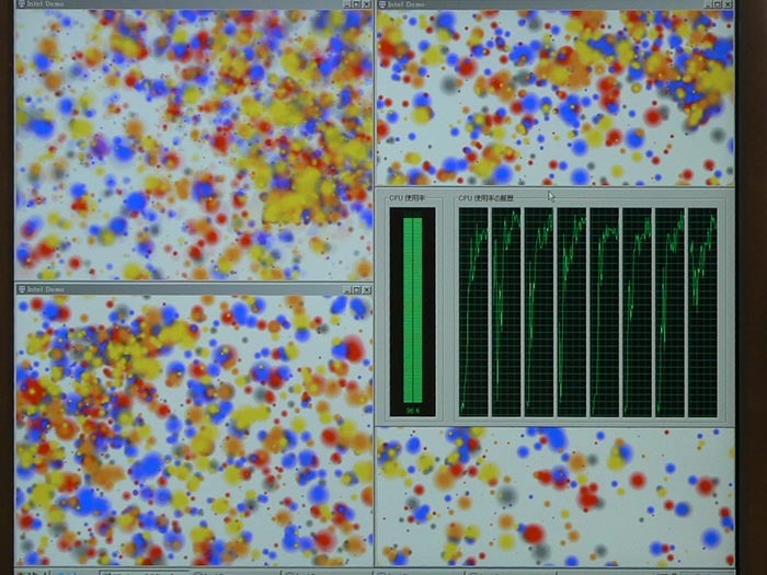 クアッドコアCPUのデモンストレーション。使われているCPUやその個数など詳細は明らかにされていないが、Windowsのタスクマネージャから、8つのコアが認識されている様子がわかる