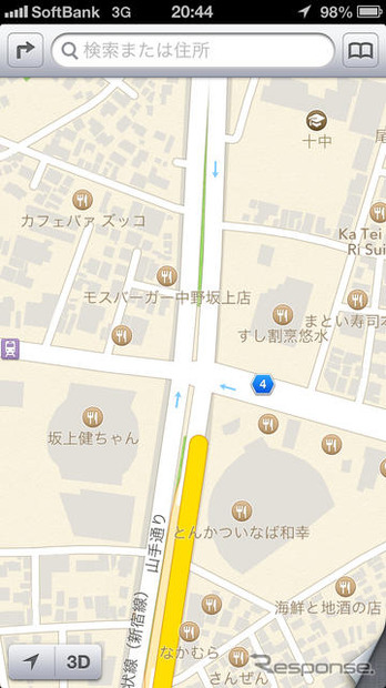 iPhone 5から採用されるiOS 6の新しい地図。Appleが開発・提供するものだが、地図内の情報が少なくなってしまった。特に交差点情報や駅の情報などがなくなってしまったのは歩行者としても使いにくいだろう。