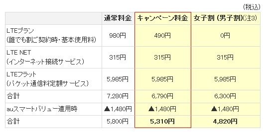 キャンペーン適用時の利用料金