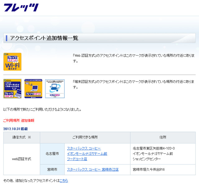 NTT西日本 フレッツ・スポット アクセスポイント追加情報一覧