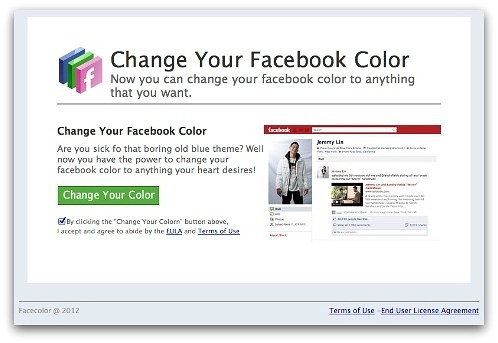 「Change your Facebook Color (Facebook の色を変えよう)」というタイトルのページ