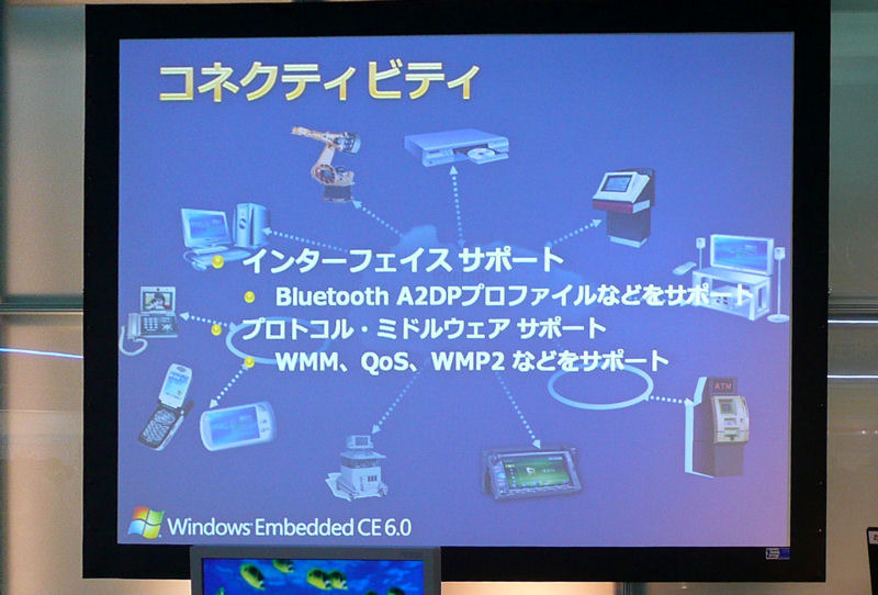 Windows Embedded CE 6.0の強化ポイントの1つ「コネクティビティ」では、新たにBluetooth A2DPプロファイルや、WMM、QoS、WMP2といったプロトコル・ミドルウェアがサポートされていることが紹介された