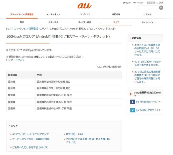 100Mbps対応エリア （Android搭載4G LTEスマートフォン・タブレット） 