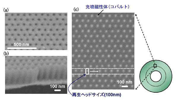 開発した技術により形成された規則配列ナノホールの(a)表面、(b)断面、および(c)磁性体（コバルト）充填後の電子顕微鏡写真