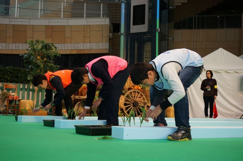 会場で行われた運動会「みのりんぴっく」、田植えの速さを競った。