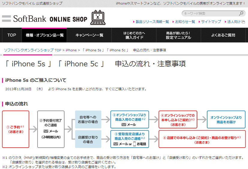 ソフトバンクオンラインショップ iPhone 5s/5c申込画面