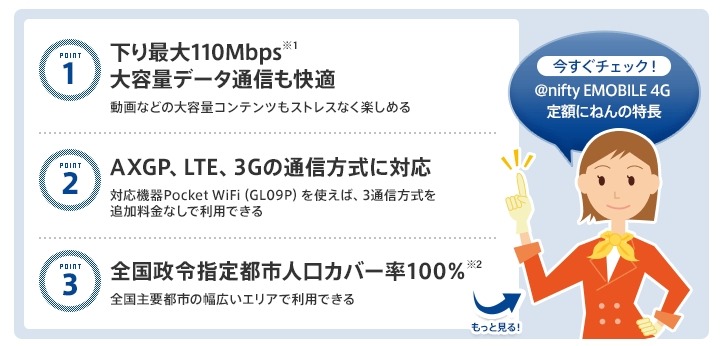 「@nifty EMOBILE 4G 定額にねん」の特徴