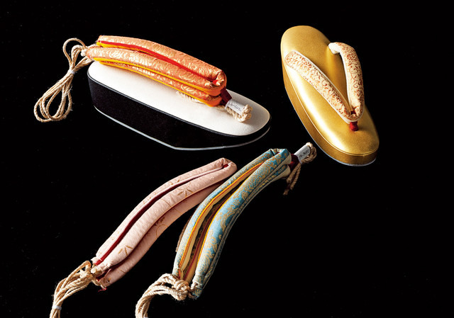 京もの匠・祇園・ない藤「京草履 ロービキ台」(左)、「金クロス台」(右)、「花緒」