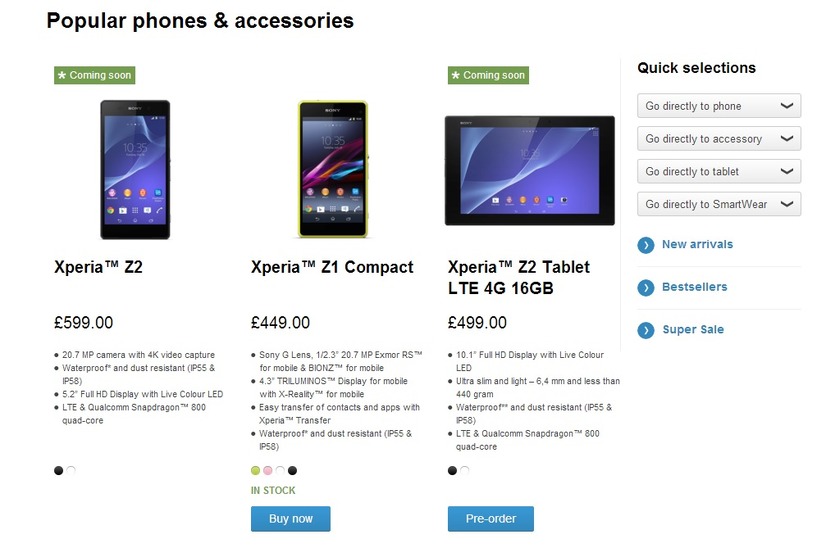 イギリスの「Xperia Z2」予約ページ。「Pre Order」ボタンが外されている