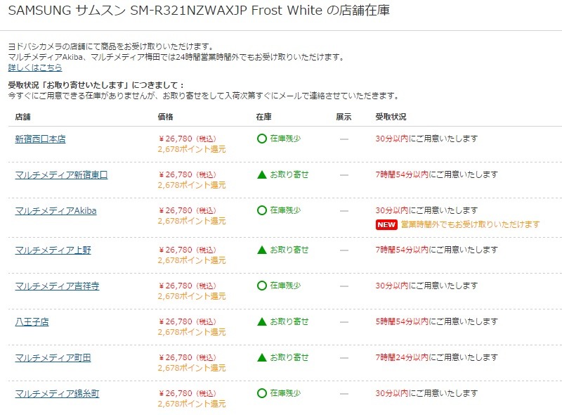 ヨドバシカメラの在庫状況（1日13時現在）