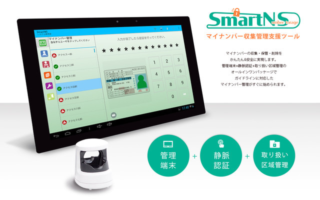 「SmartNS」はガイドラインに沿ったマイナンバーの収集・保管・削除を簡単かつ安全に行えるマイナンバー収集管理支援ツール。端末を紛失した場合は遠隔でデータロック・データ消去が可能(画像はプレスリリースより)