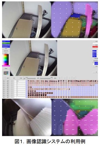 ヘビ型ロボットの先端に取り付けたカメラで撮影した映像を元にした画像認識システムの利用例。画像から検知領域を色分けして表示を行い、誤認識の修正作業なども行える。捜索活動・状況確認活動に役立たせることができる（画像はプレスリリースより）