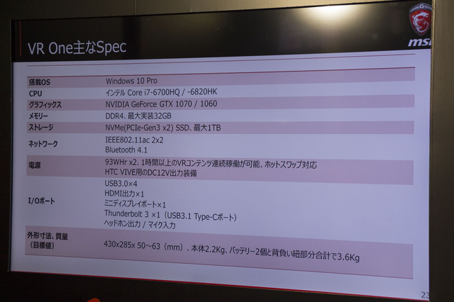 【TGS 2016】MSIがVR特化バックパックPC「VR One」を展示―バーチャルを背負って未来へ