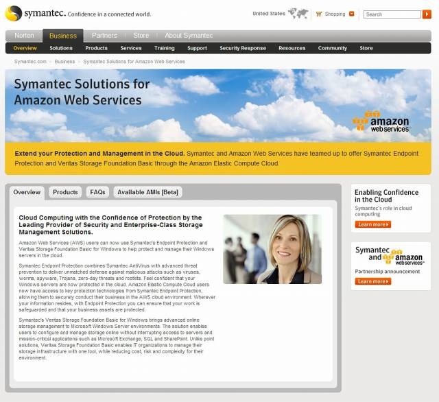 「Symantec Solutions for Amazon Web Services」サイト（画像）