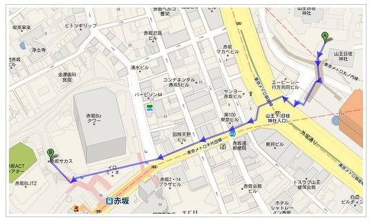 歩道や横断歩道、歩道橋などを進むルートが表示される