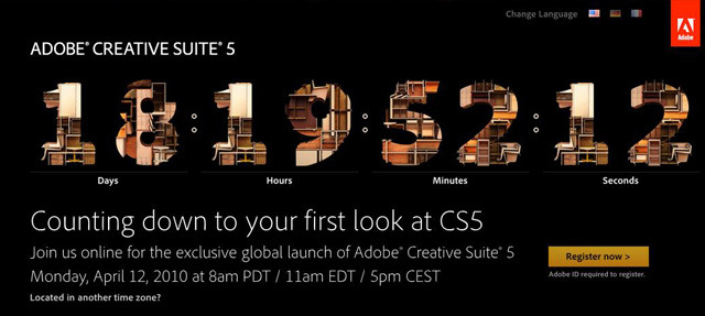 「Adobe Creative Suite 5」の予告サイト。カウントダウンが始まっている