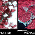 9月5日に観測されたフォルモサット・ツーと災害前の2010年10月6日に観測された陸域観測技術衛星「だいち」から作成した加工画像。河川が増水している様子と、土砂を含んだ河川の水が海に流れ込んでいる様子が確認できる