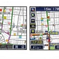 ゼンリン地図詳細表示（左）と、ルートだけをシンプルに表示する画面との2画面分割拡大表示（右）