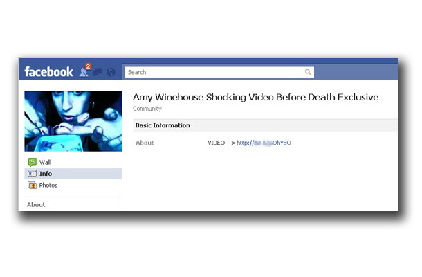 図1：「エイミー・ワインハウスさんの死亡前に撮影された動画を視聴できる」と称するメッセージの例 