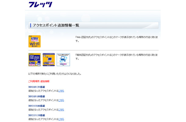 NTT西日本 フレッツ・スポット アクセスポイント追加情報一覧