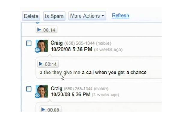 「Google Voice」では、ボイスメール（留守電）は自動的にテキストに変換される