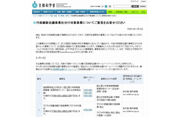 文部科学省の事業仕分けリストページ